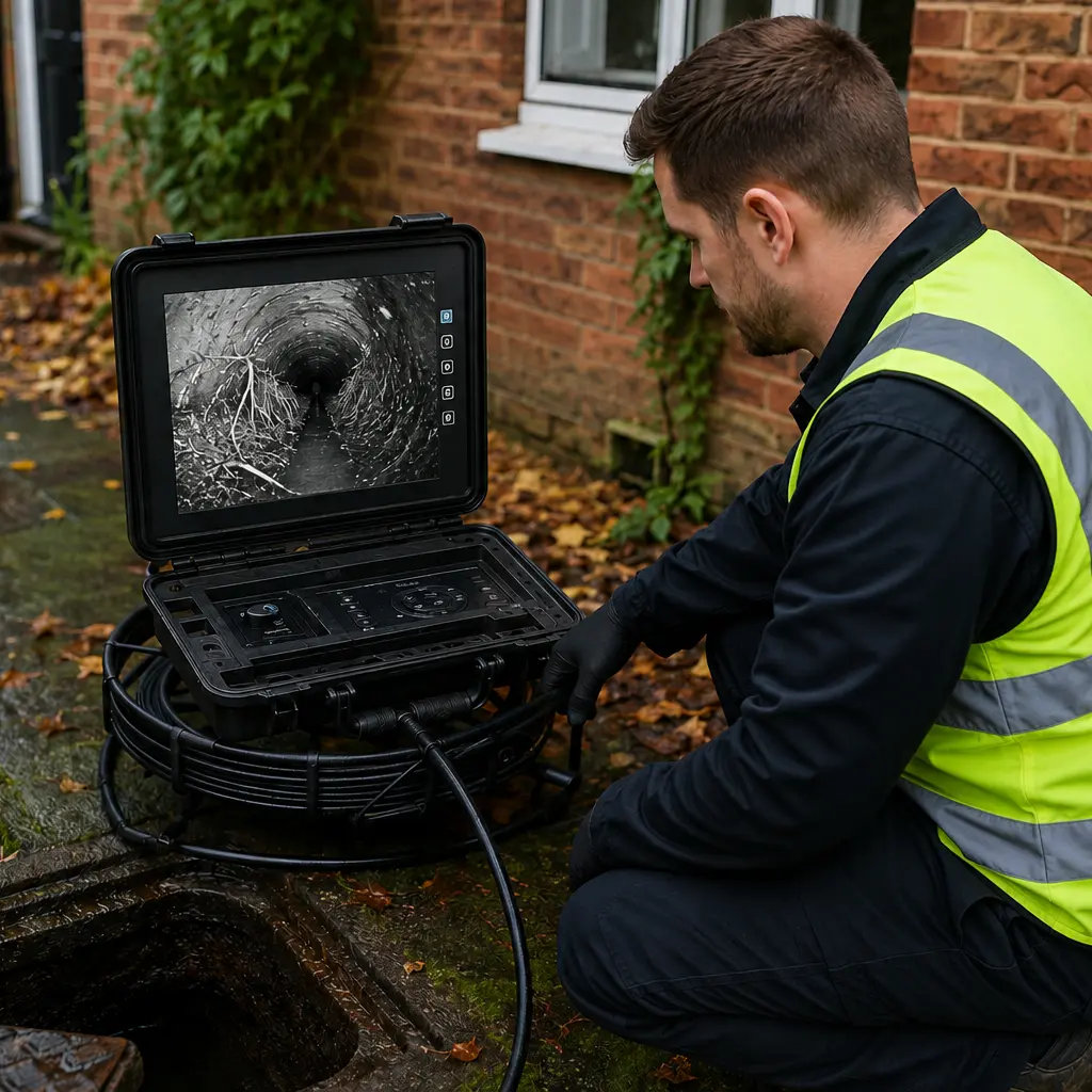 Drainage engineer performing CCTV drain inspection for underground pipe blockage diagnosis.