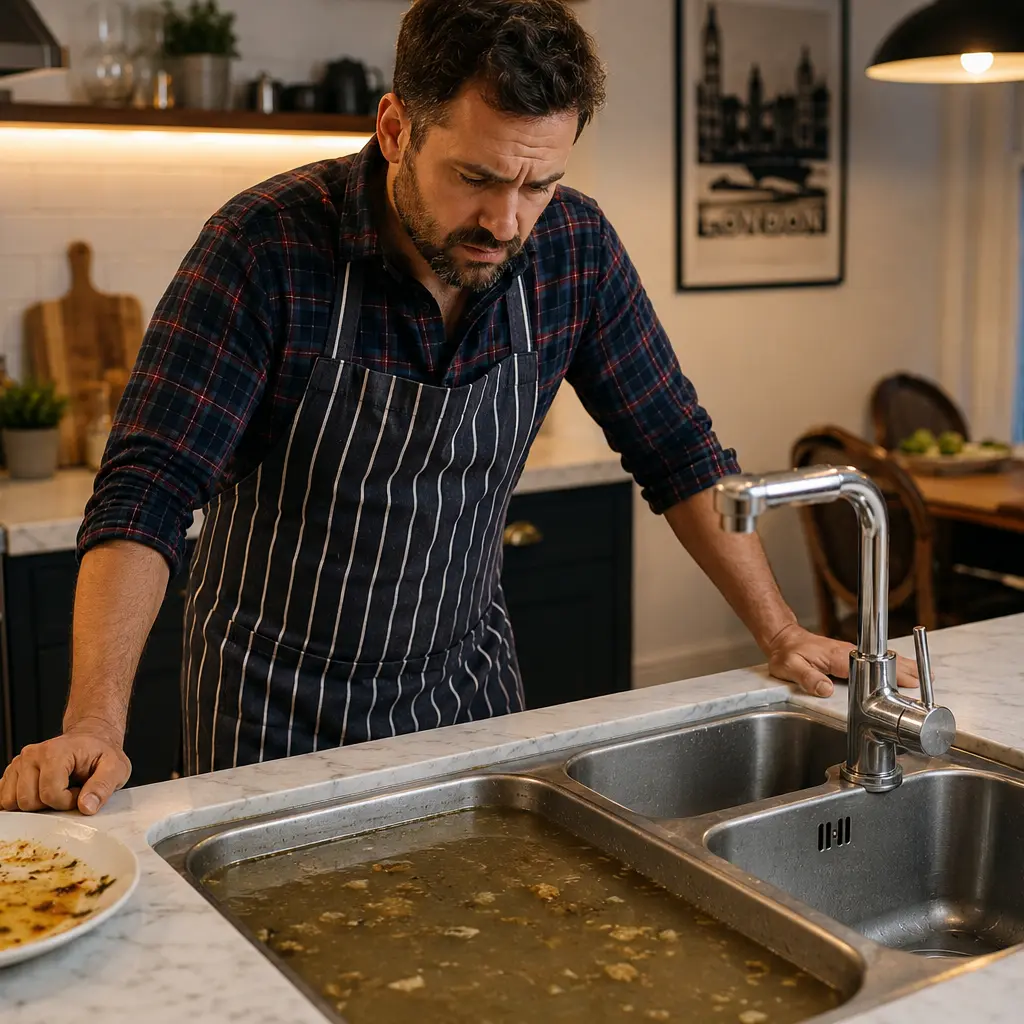 Man inspecting overflowing kitchen sink caused by serious blocked household drainage.