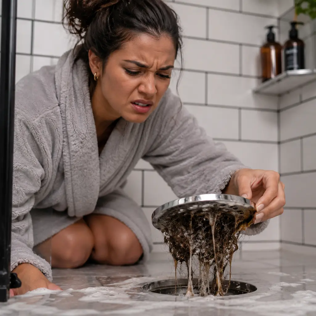 Woman removing severe hair blockage from overflowing shower drain inside bathroom.