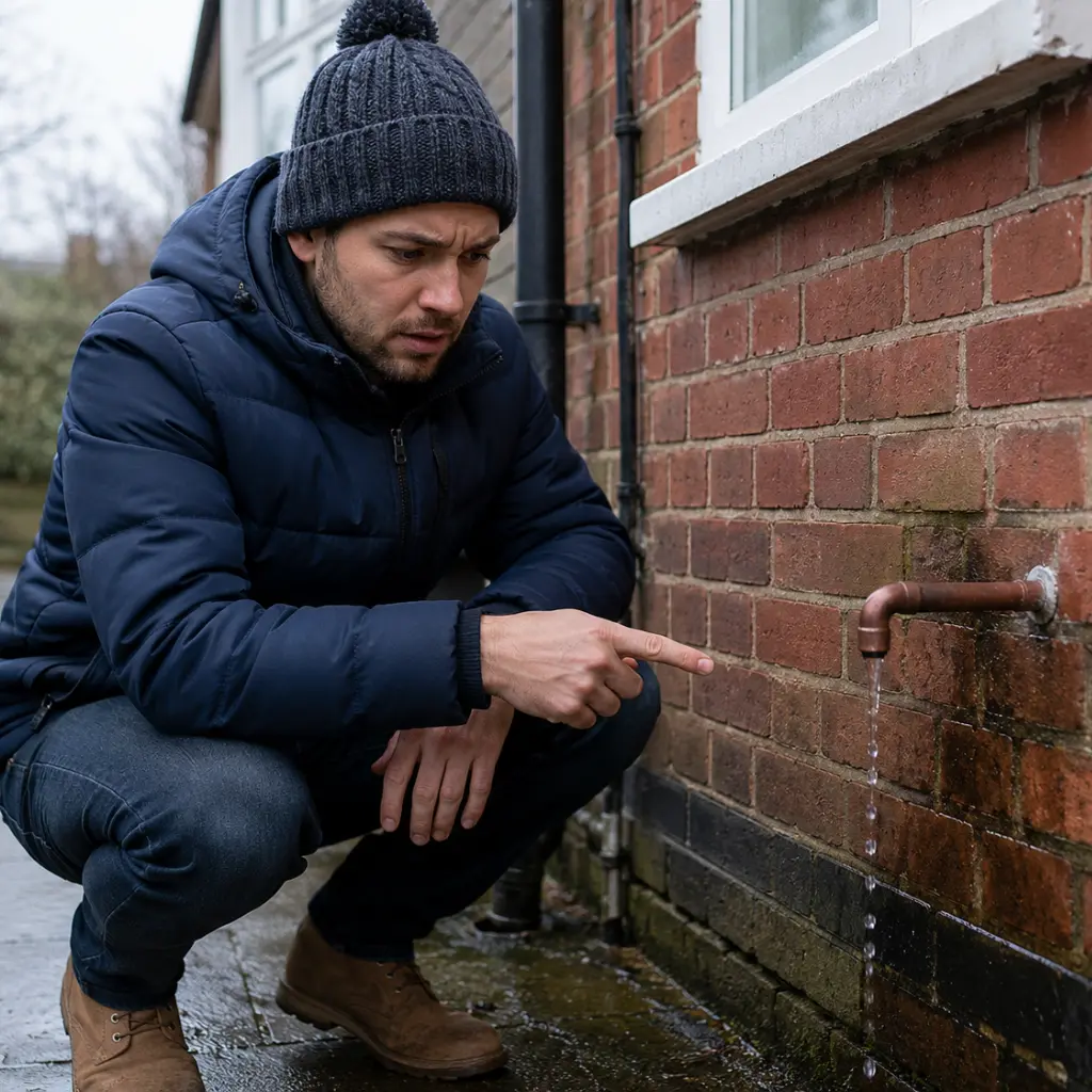 Man inspecting leaking boiler overflow pipe outside traditional British brick house.