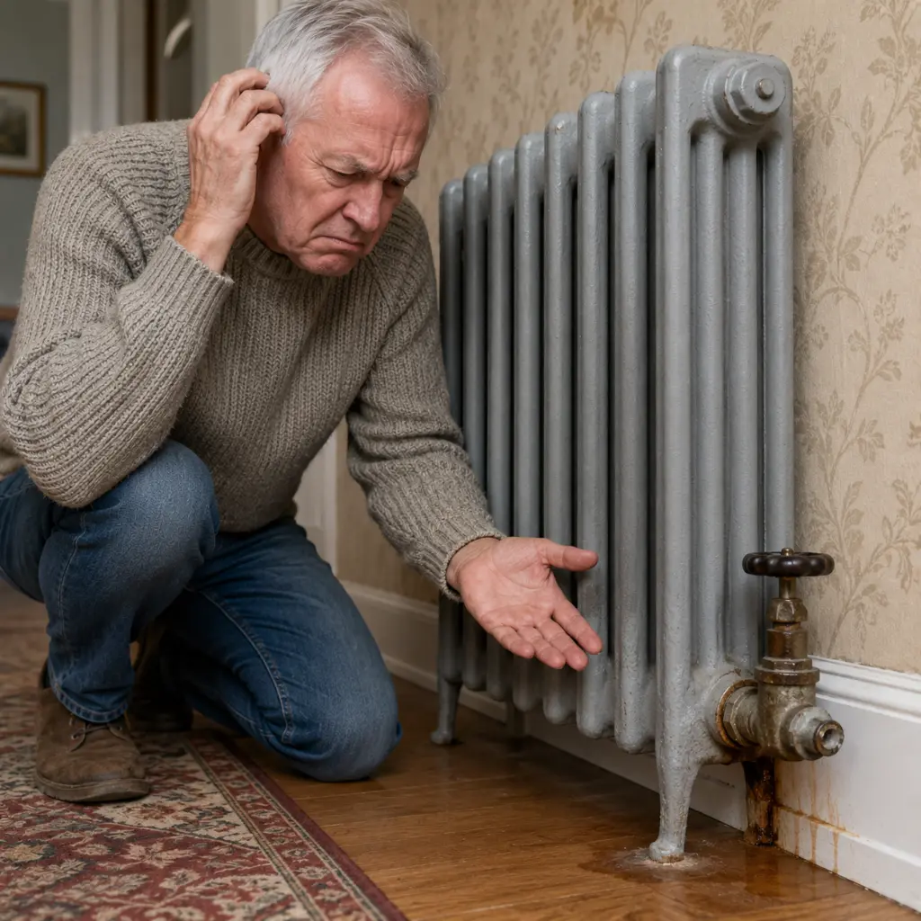 Older man inspecting leaking cast-iron radiator valve causing uneven central heating.