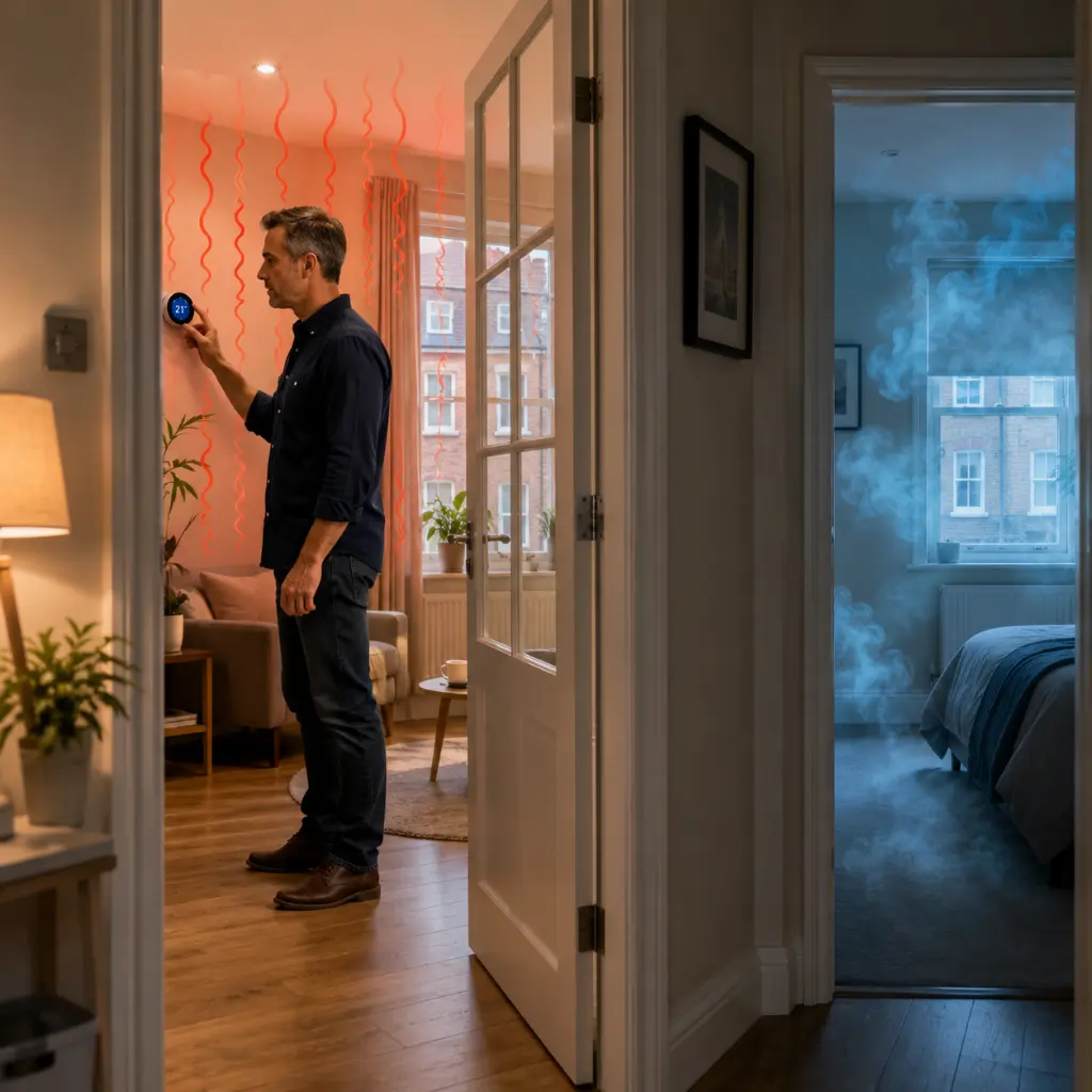 Man adjusting smart thermostat while nearby bedroom remains noticeably colder indoors.