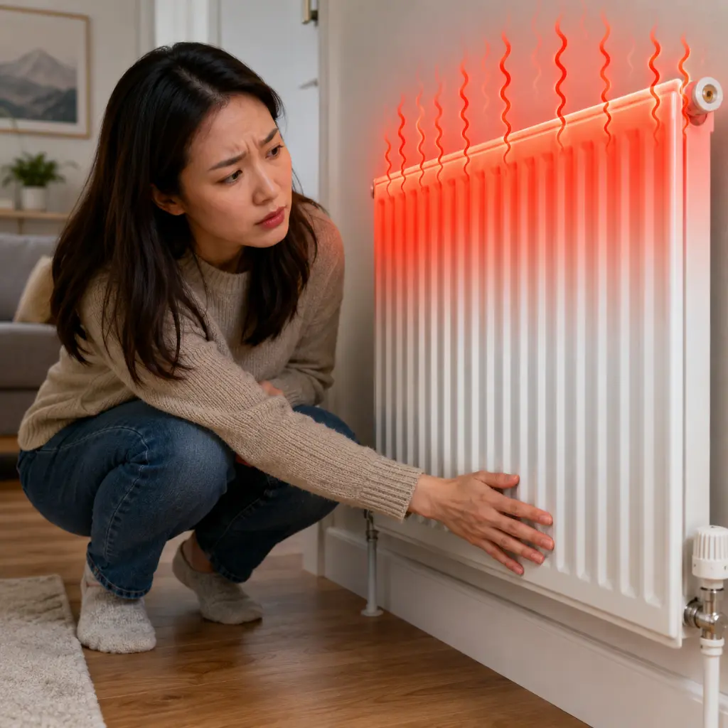 Woman checking radiator heating unevenly with cold lower section inside home.