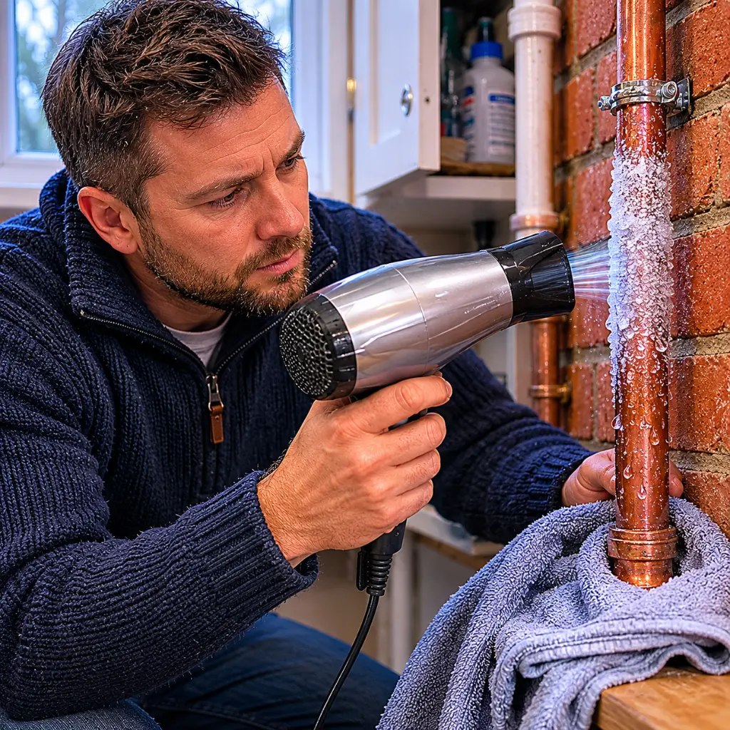 Man safely thawing frozen copper pipe using hairdryer inside utility room.