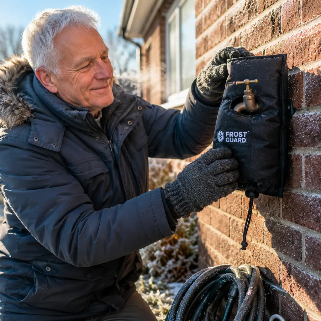 Older man fitting insulated outdoor tap cover during freezing winter conditions.