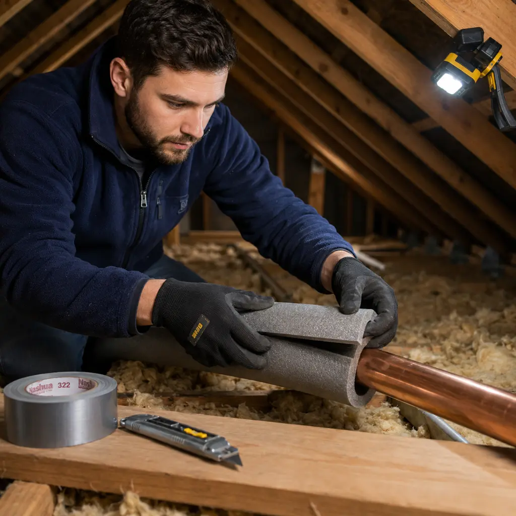 Man insulating exposed loft pipework to prevent freezing during severe winter weather.
