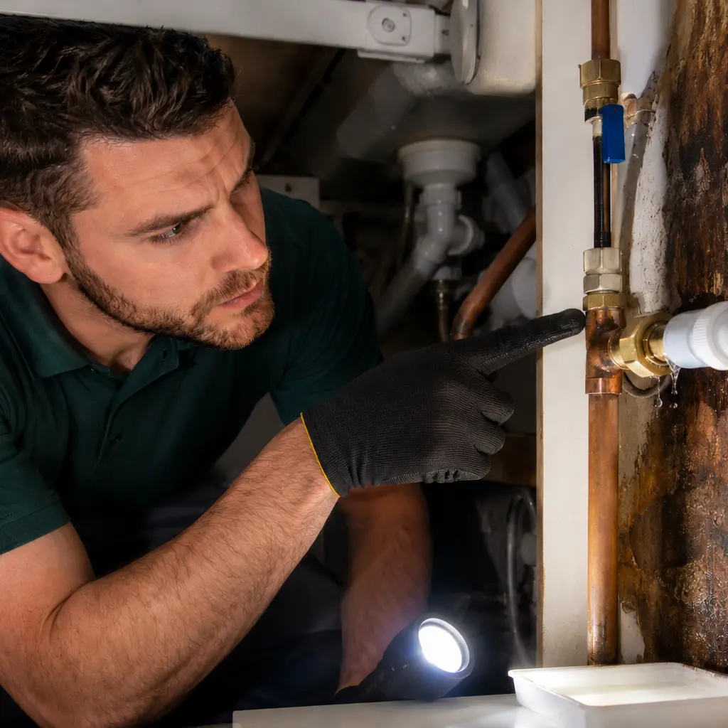 Plumber inspecting leaking kitchen pipework causing hidden moisture damage beneath sink.