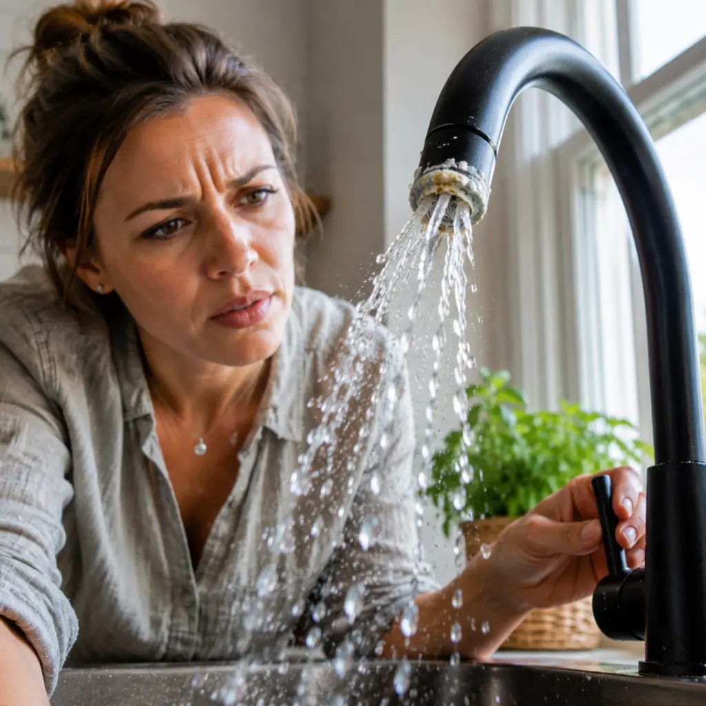 Woman inspecting leaking kitchen tap caused by damaged faucet seal buildup.