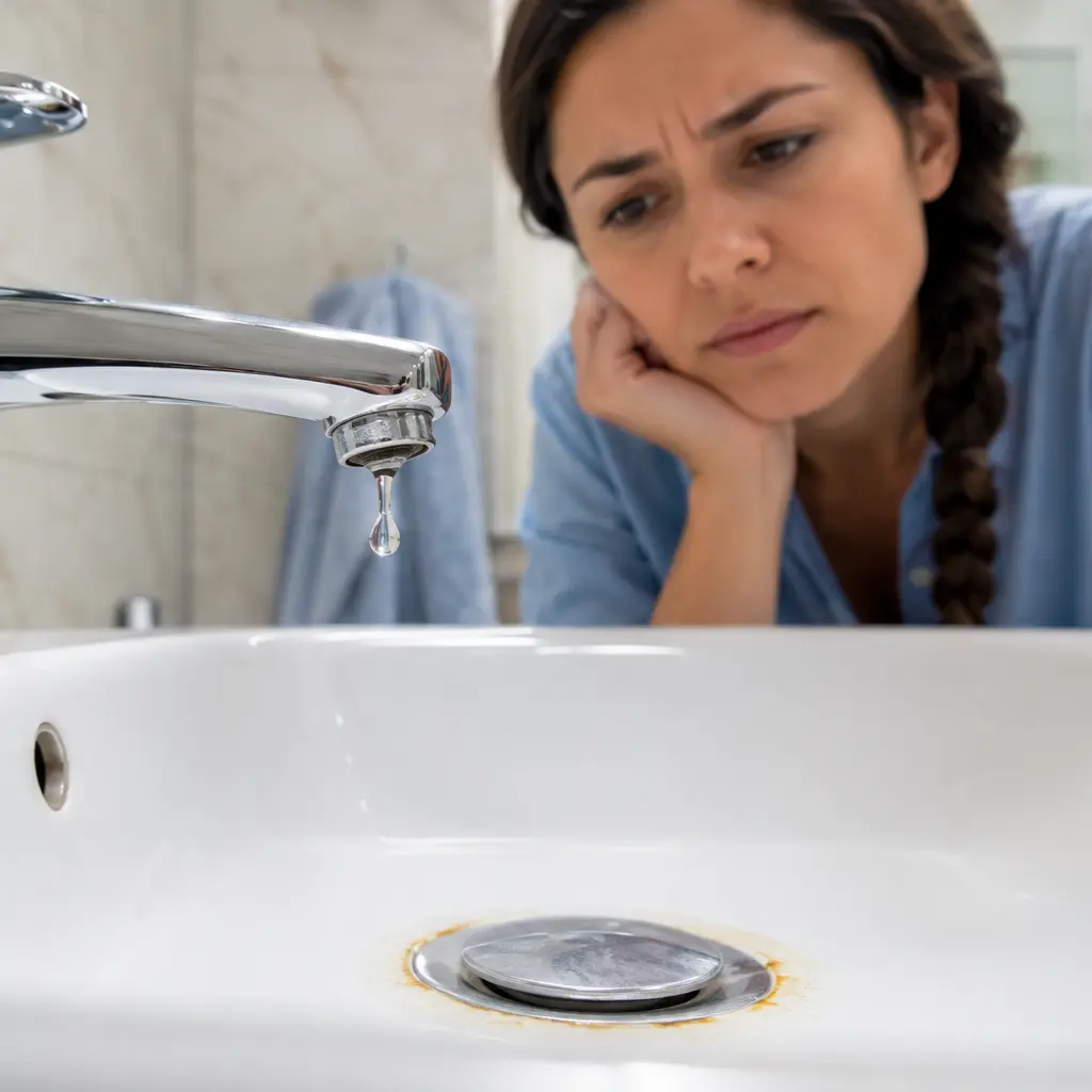 Woman watching dripping bathroom tap wasting water inside modern household sink.