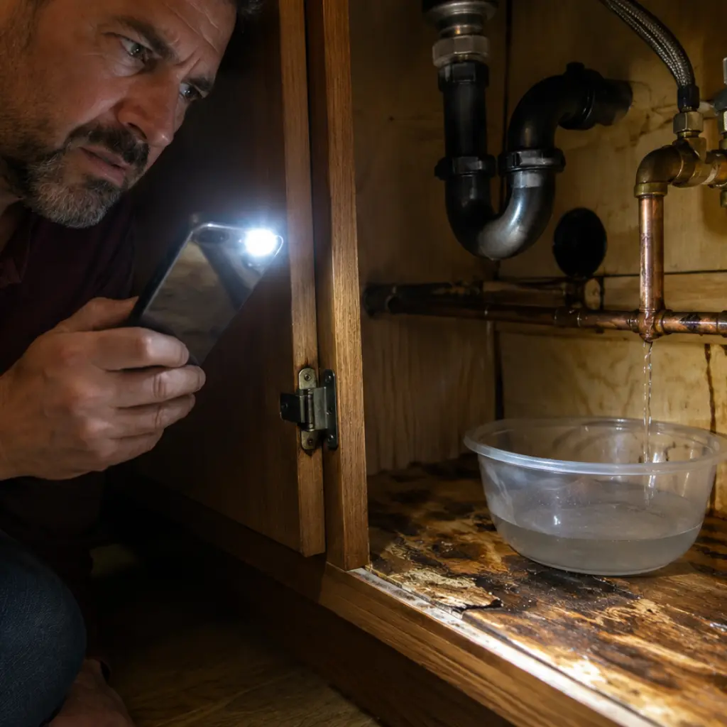 Man inspecting hidden pipe leak causing cabinet water damage beneath sink.