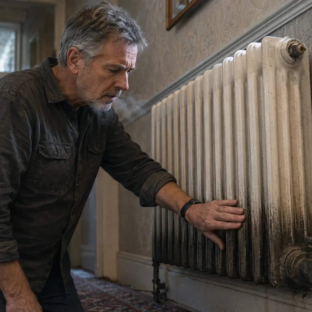 Man checking cold lower radiator section caused by internal sludge buildup.