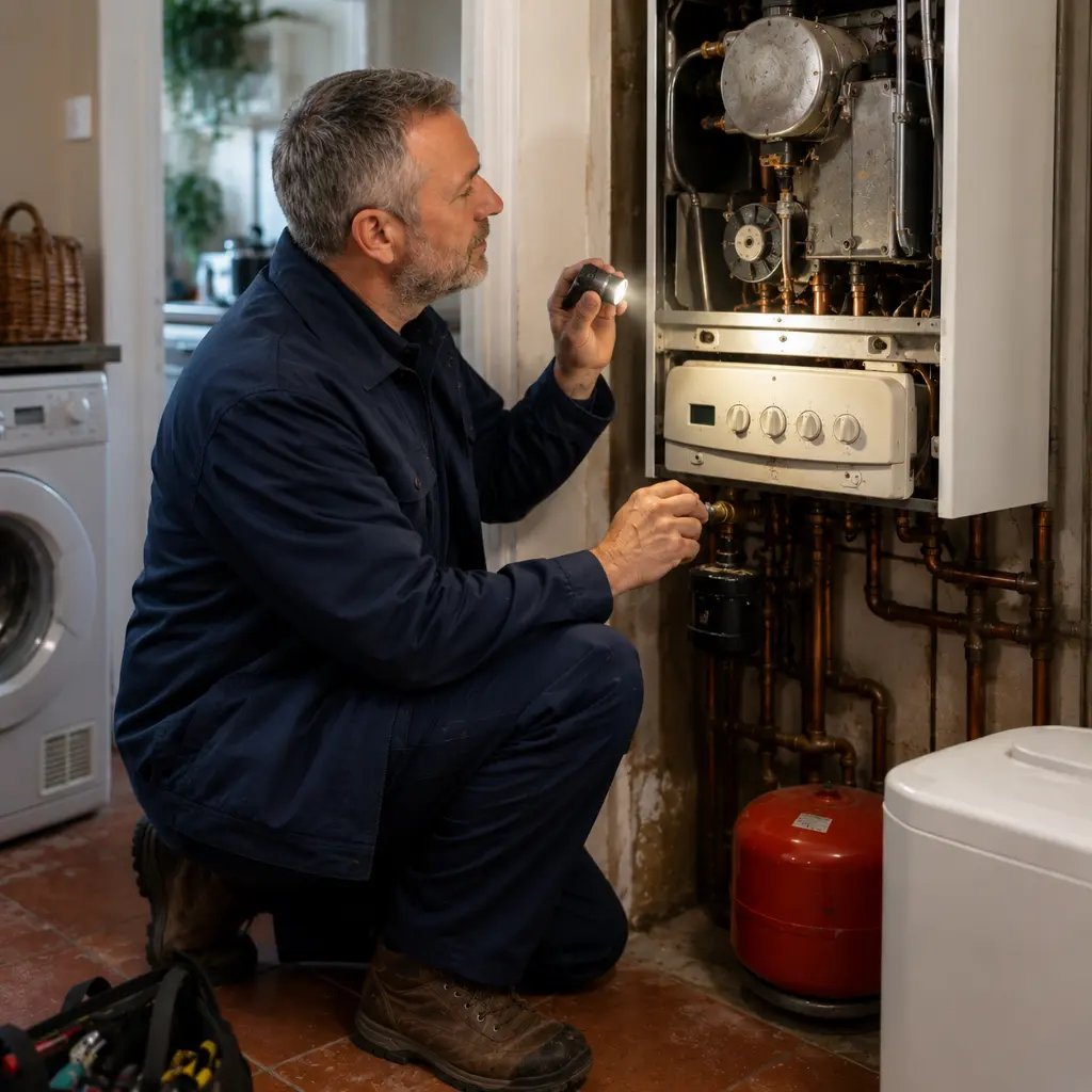 Heating engineer inspecting an ageing boiler inside a traditional British family home