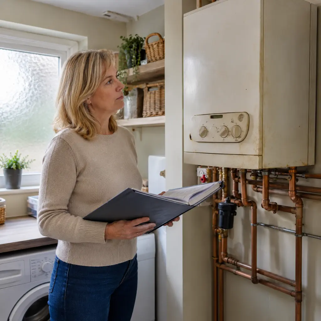 Homeowner reviews boiler records beside the ageing domestic heating system today