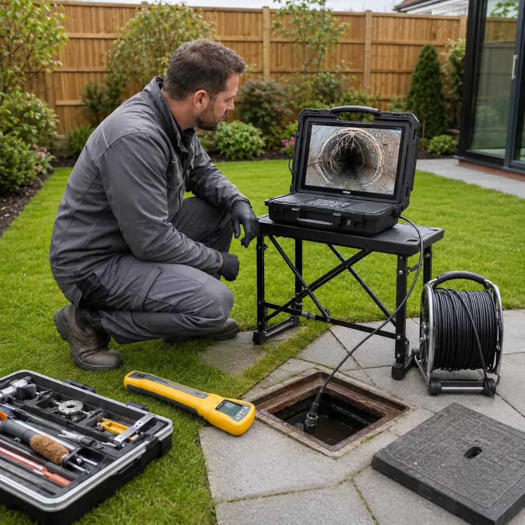 Drainage engineer inspecting CCTV drain survey footage beside inspection chamber.