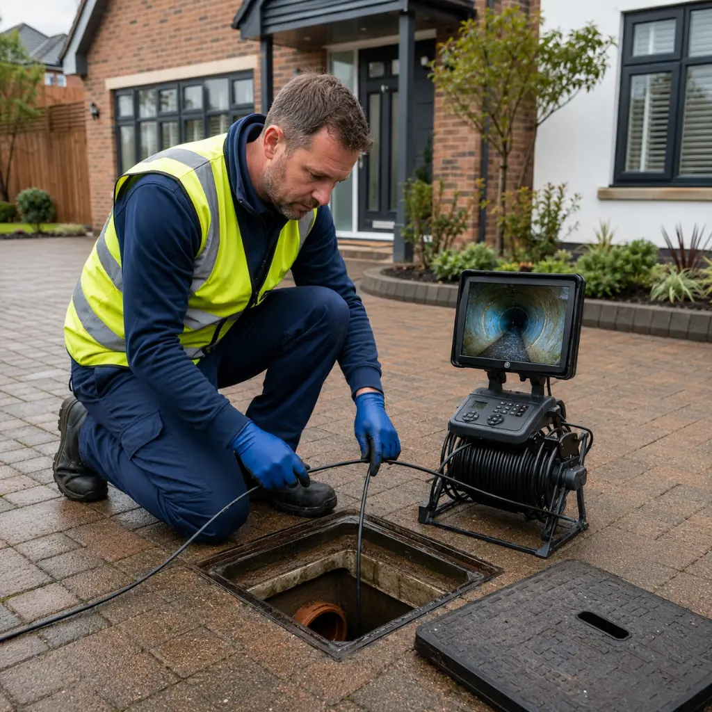 Drainage engineer performing CCTV drain inspection through access chamber professionally.