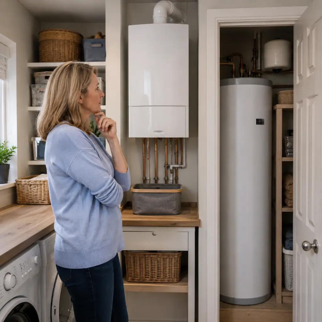 Homeowner comparing boiler and cylinder storage space in the utility room