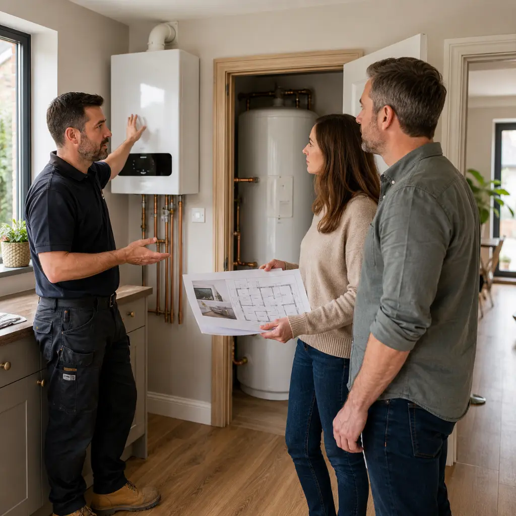 Heating engineer discussing boiler replacement options with homeowners indoors