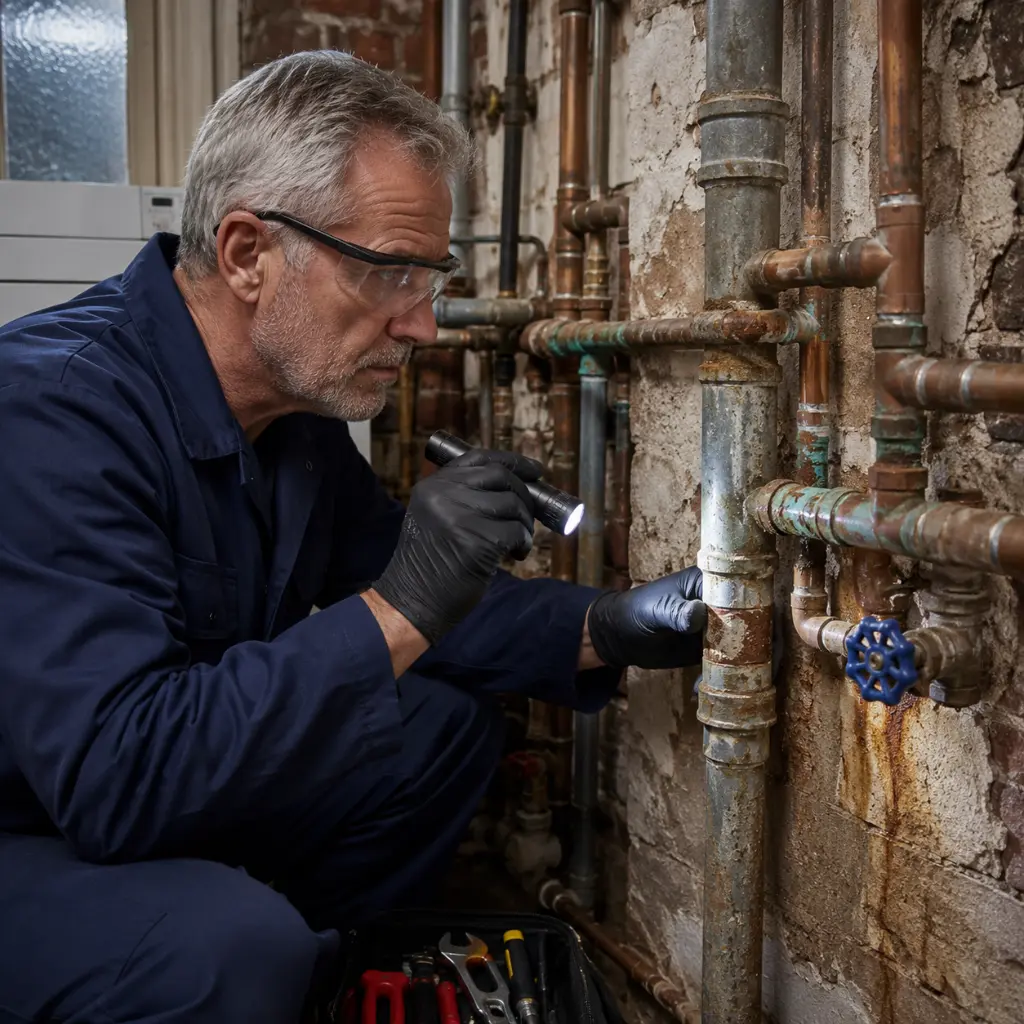 Experienced plumber inspecting corroded pipes inside ageing UK property.