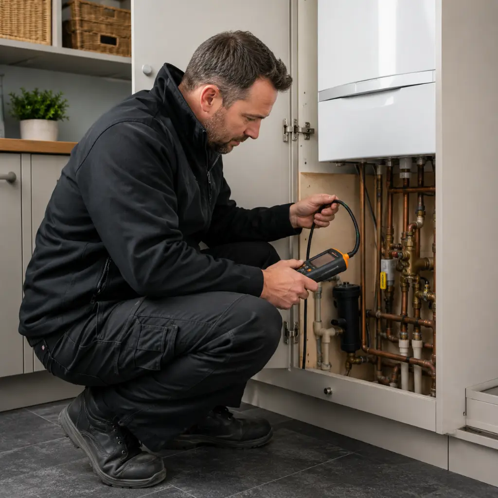 Gas engineer inspecting boiler pipework using professional leak detection equipment.
