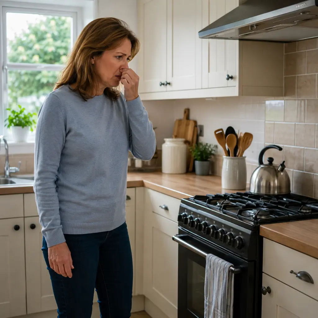 A woman detects a gas smell near the cooker in a traditional British kitchen.