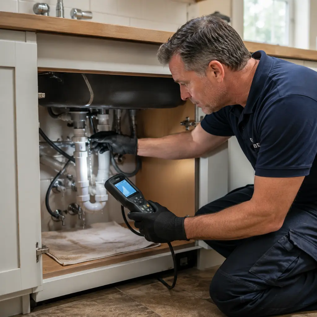 A professional plumber is inspecting a concealed kitchen pipe leak using a moisture meter.