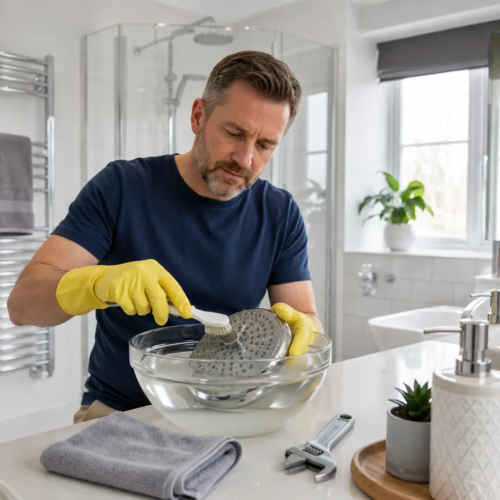 Homeowner cleaning chrome showerhead with vinegar restoring water flow and performance effectively.