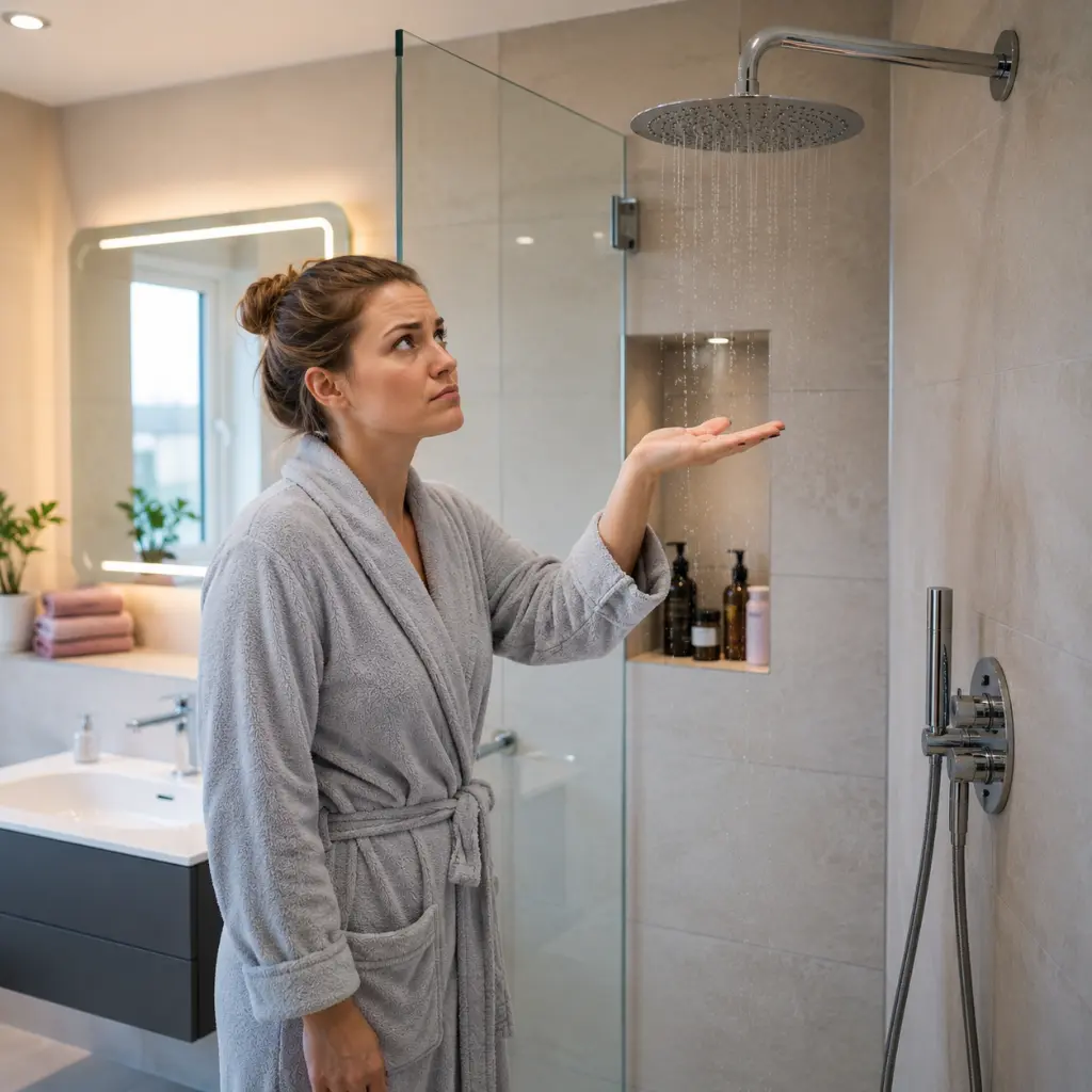Woman checking weak shower water flow inside modern North West London bathroom today.