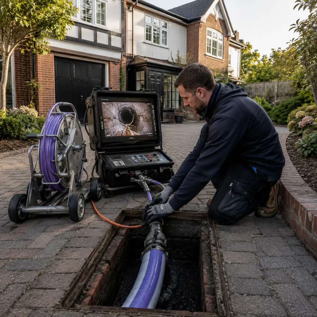 UK plumbing engineer inspecting corroded pipework beneath Victorian floorboards