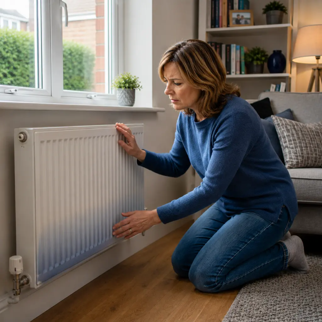 Homeowner checking cold radiator spots indicating central heating circulation
