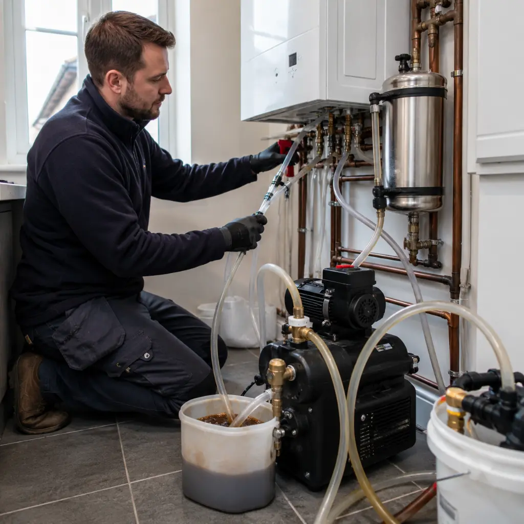 Heating engineer power flushing boiler system to improve circulation