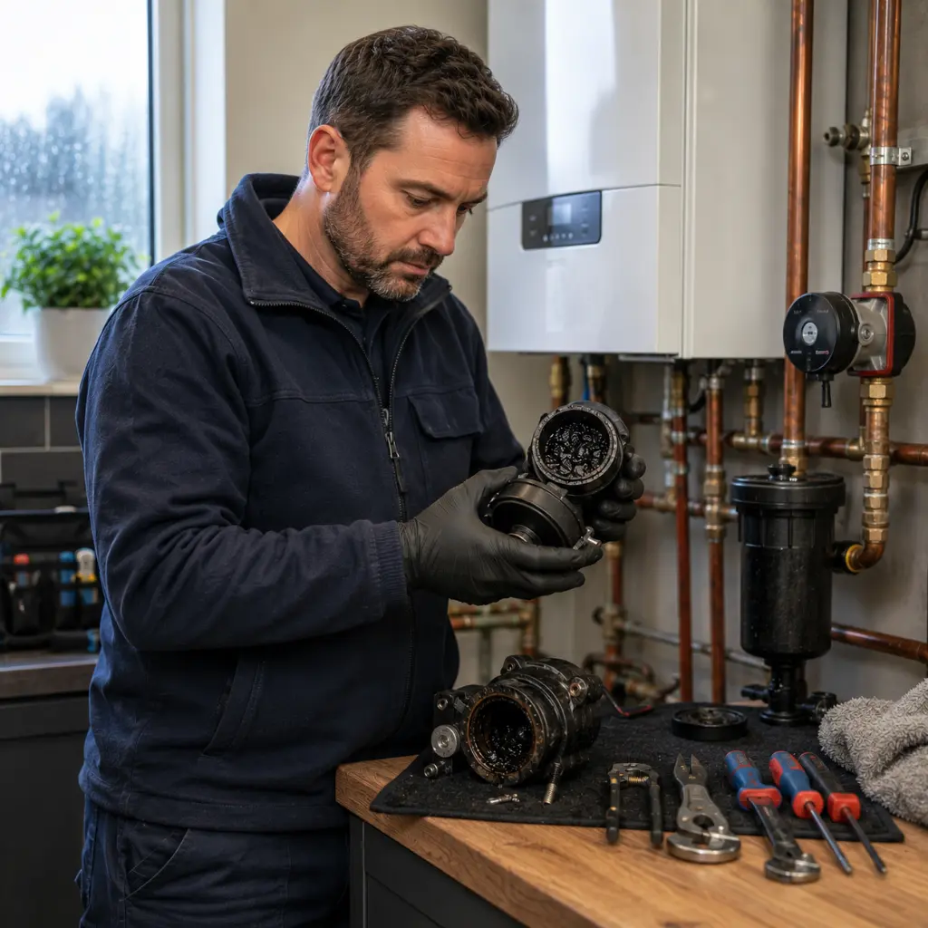 UK heating engineer inspecting sludge-filled filter beside domestic boiler.