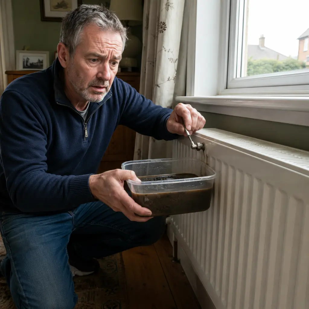 Homeowner bleeding radiator discovering dirty sludge-contaminated heating system water.