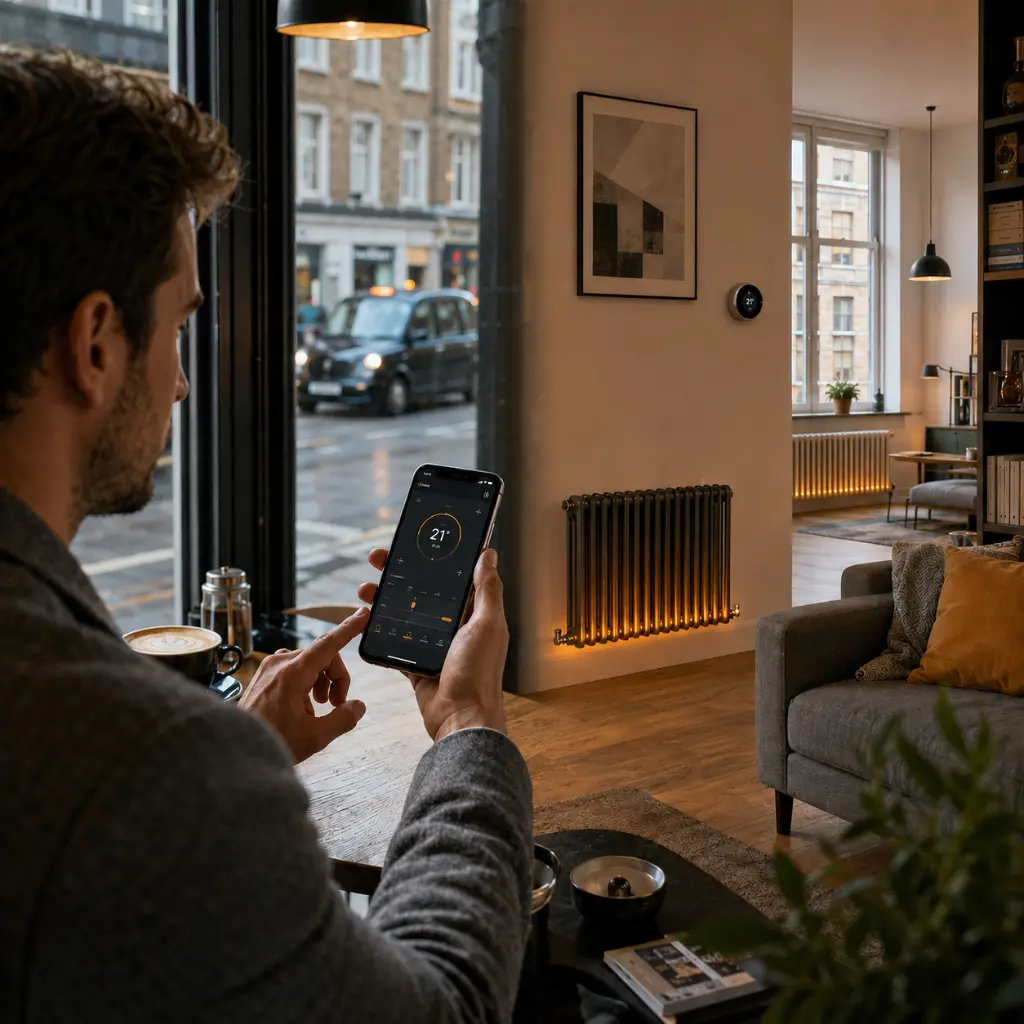 Homeowner remotely controls smart heating system using smartphone in London.