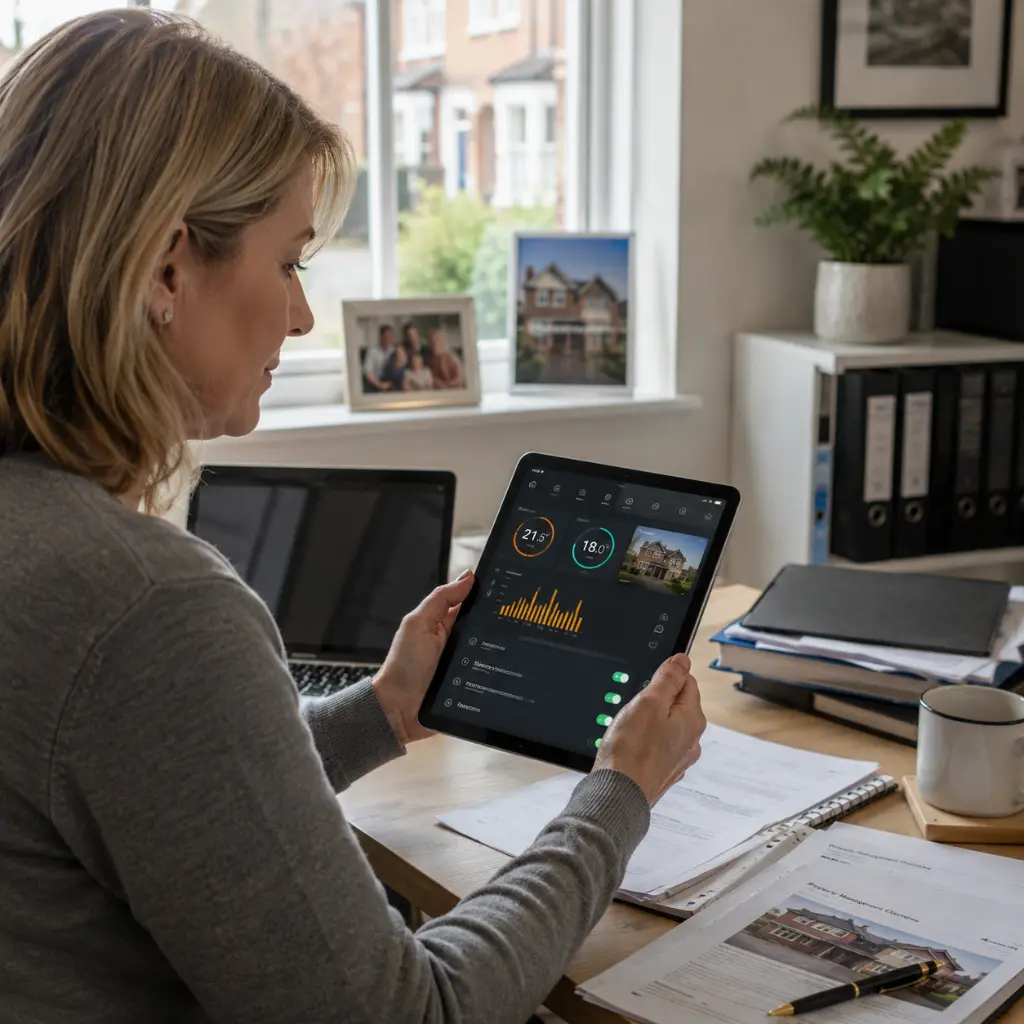 Landlord reviews smart heating data and energy usage remotely.