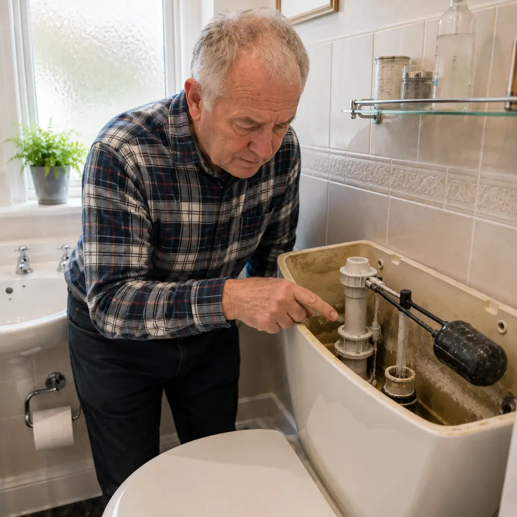 Elderly homeowner inspecting limescale buildup inside the toilet cistern in the bathroom.
