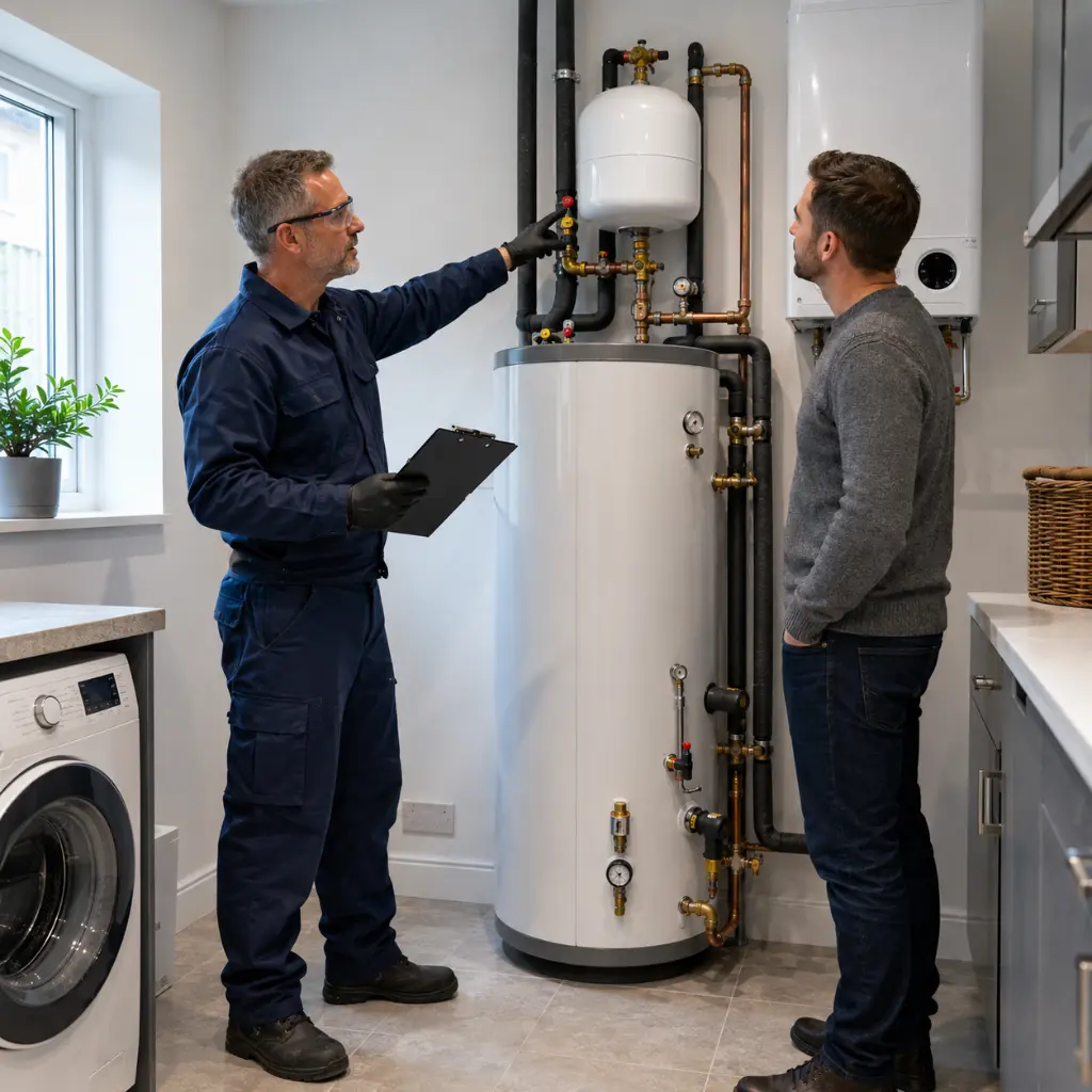 Heating engineer explaining modern unvented hot water cylinder components to homeowner indoors.