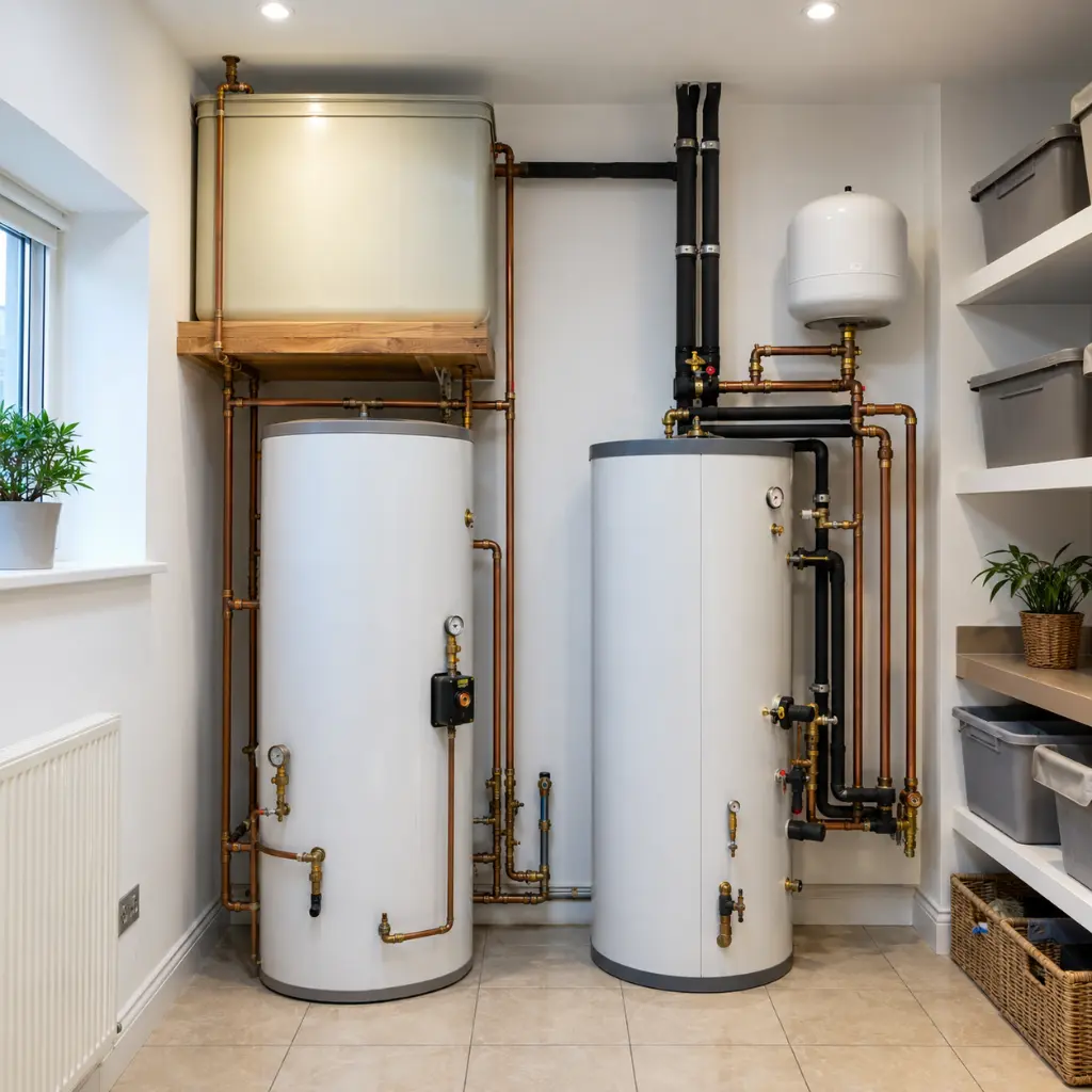 Traditional vented and modern unvented hot water cylinders installed side by side.