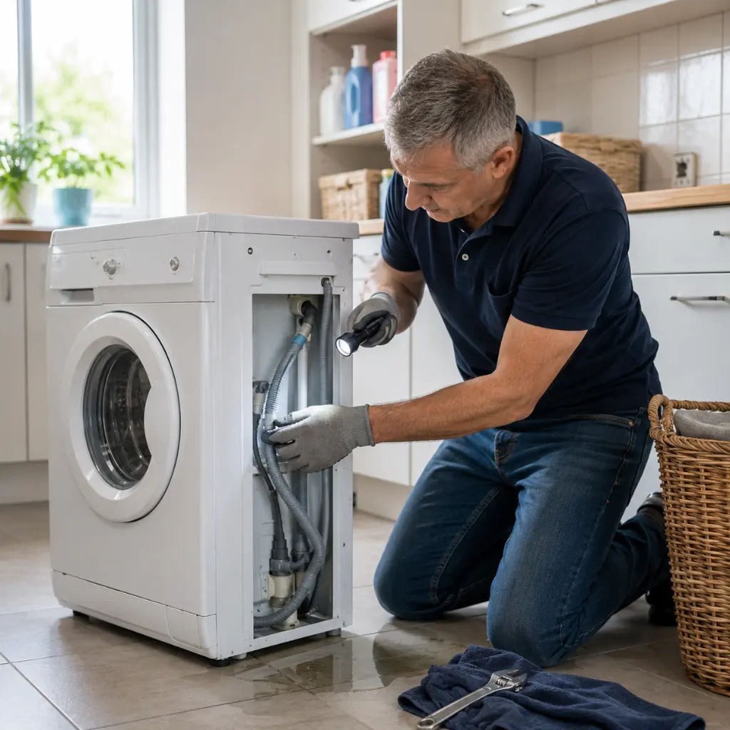 Plumber inspecting washing machine leak using torch inside modern North West London home.