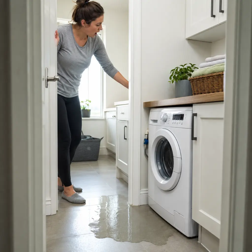 Homeowner discovering water leaking from washing machine inside modern North West London home.