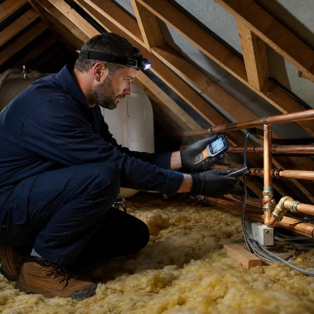 British plumber inspecting loft copper pipes using moisture meter above ceiling professionally