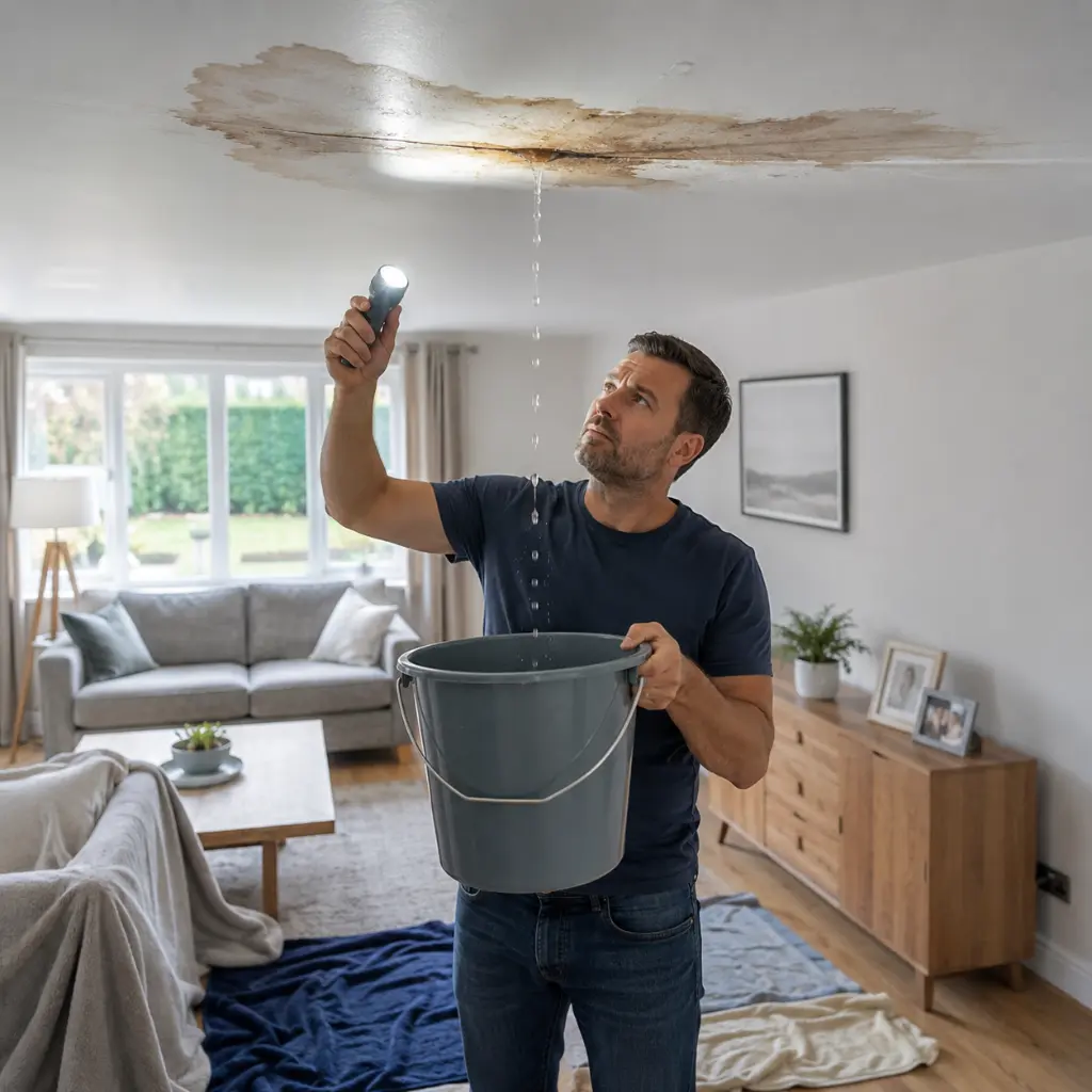 Homeowner inspecting leaking ceiling with torch while collecting dripping water inside bucket
