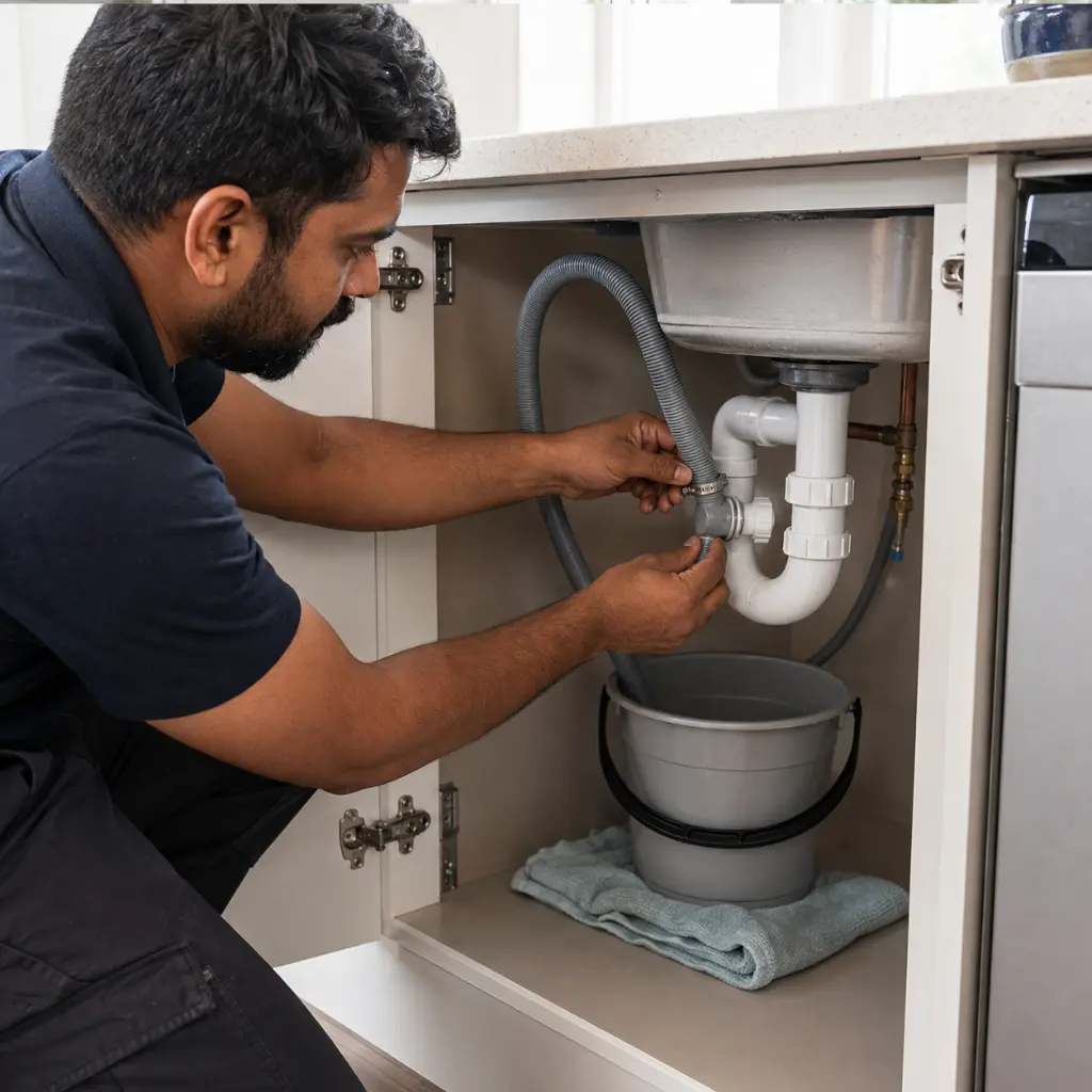 Plumber connecting dishwasher waste hose to trap in UK kitchen.