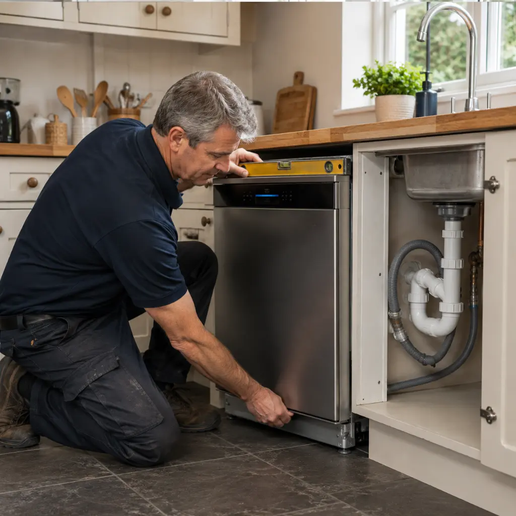 UK plumber levelling newly installed dishwasher during final installation checks.