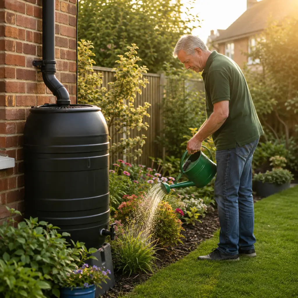 British homeowner watering flower beds using rainwater butt during warm summer evening