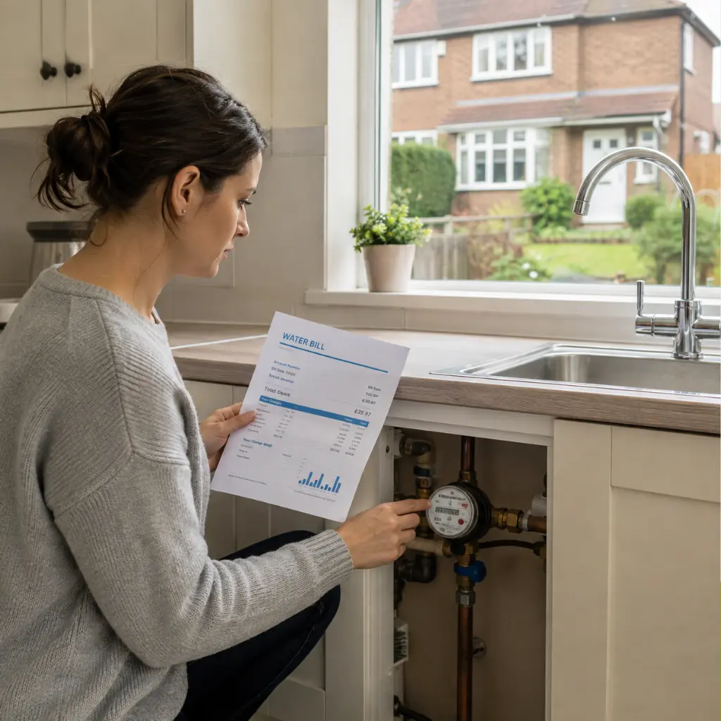 British woman checking household water meter beside kitchen utility cupboard to save water