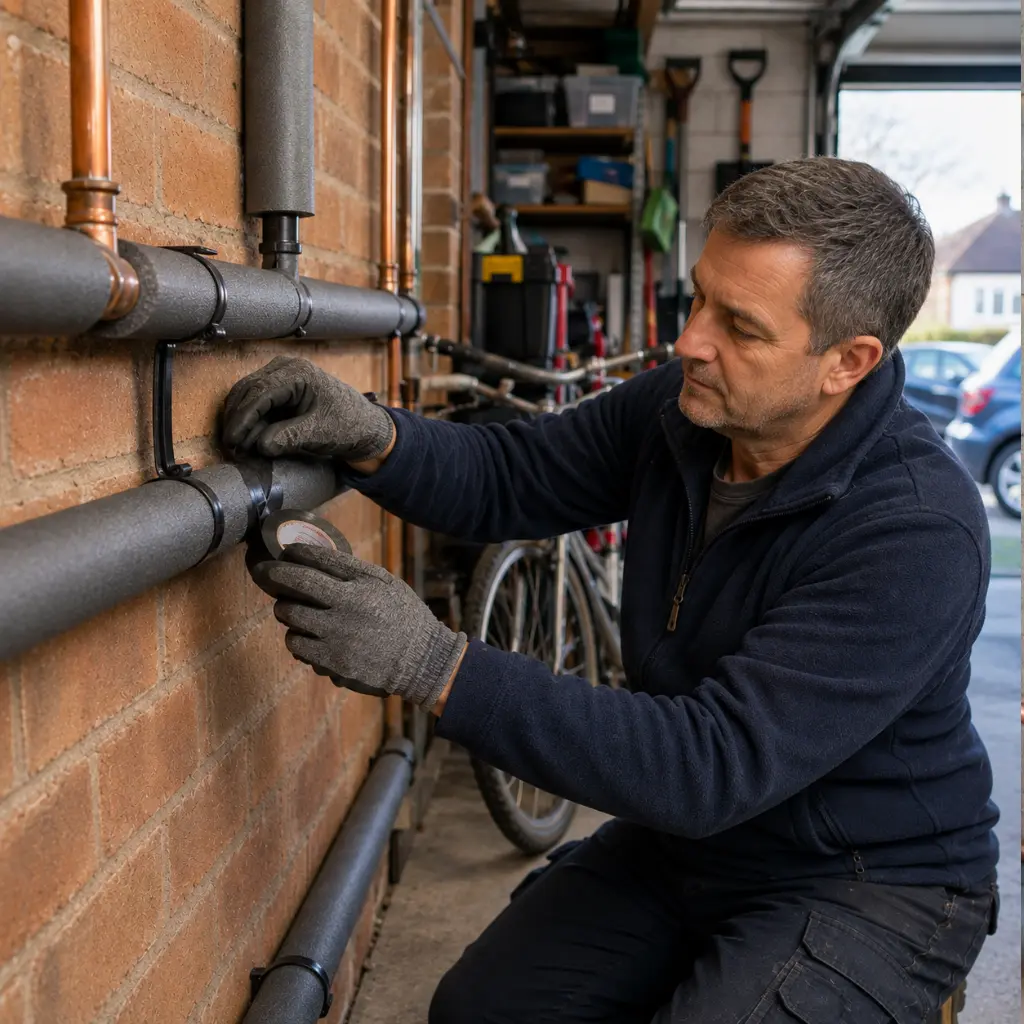British plumber sealing foam insulation around copper pipes inside garage