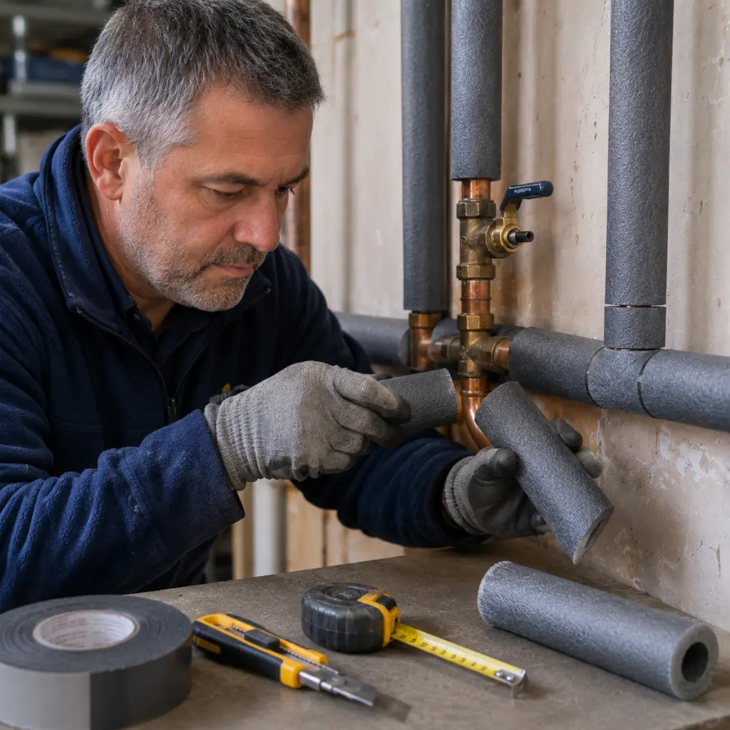 British plumber fitting pipe lagging carefully around bends and valves