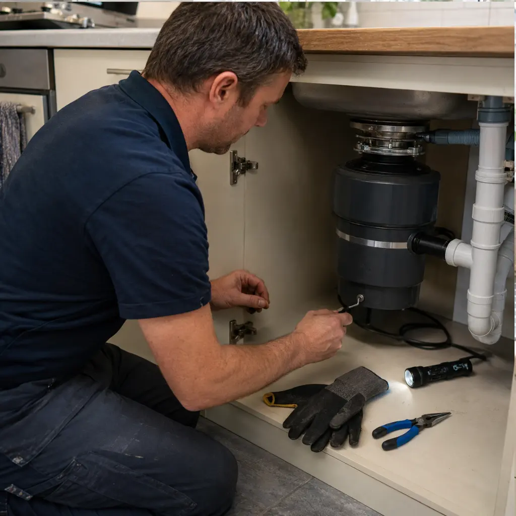 British plumber manually freeing jammed waste disposal unit beneath sink.