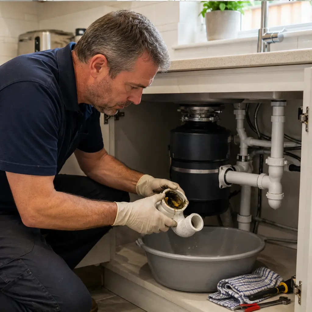 British plumber clearing food blockage from waste disposal sink pipe.