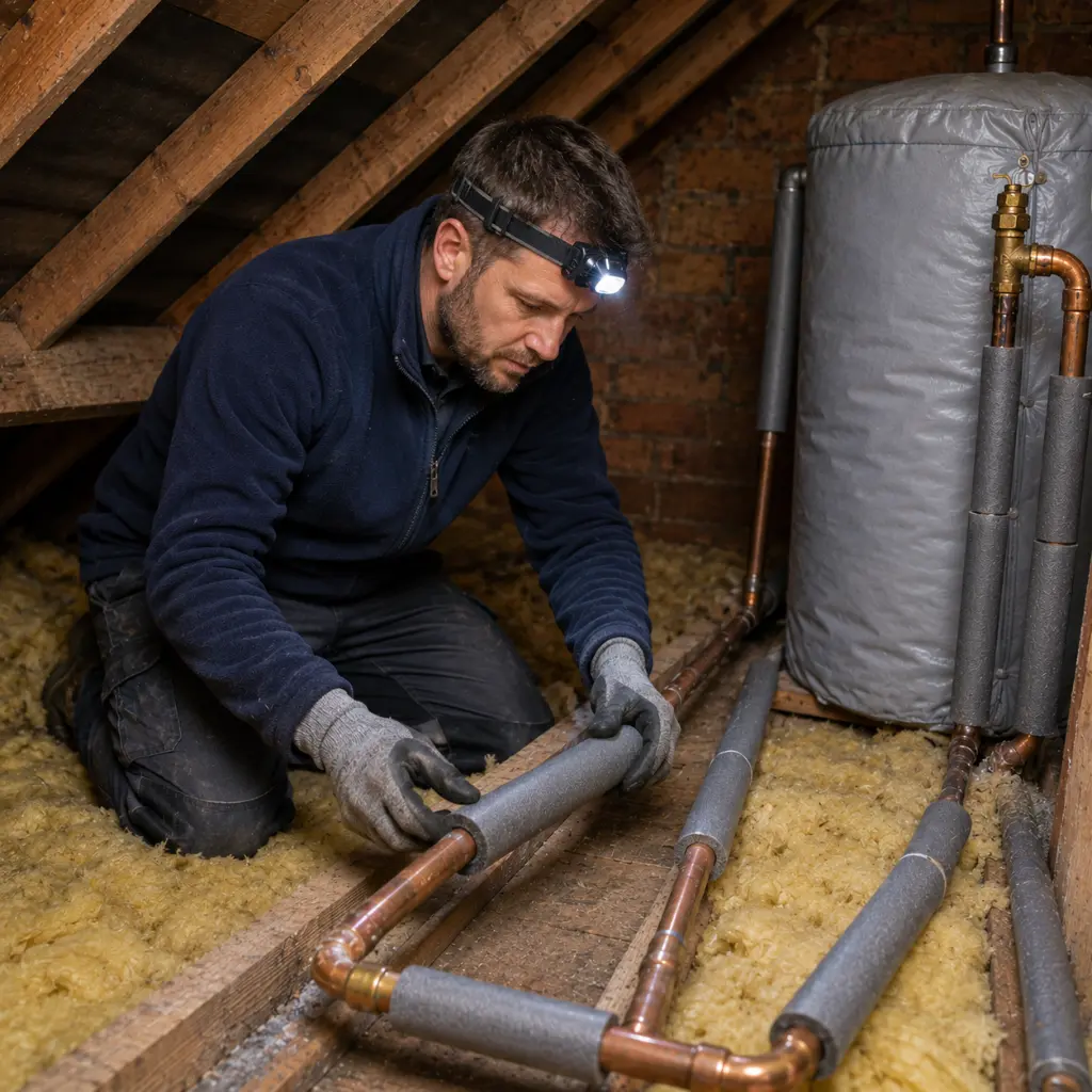 British plumber insulating exposed copper pipes inside home loft space